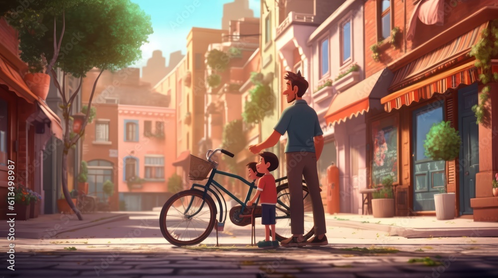 Pedaling Together, Heartening Father's Day depiction created in 3D realism, minimalist style, featuring a father teaching his child to ride a bicycle