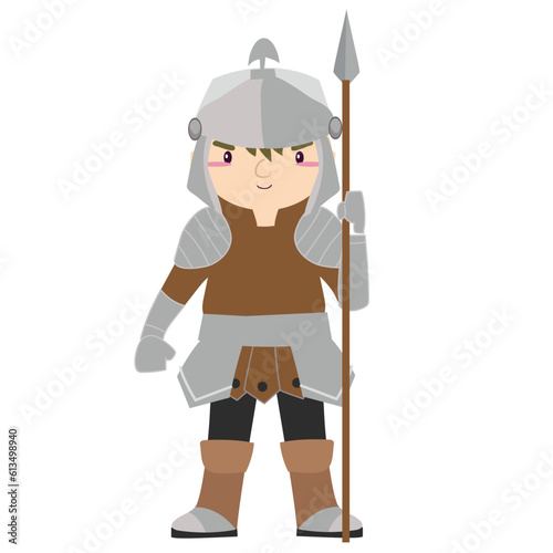 Clipart on white background of guard in armour and holding a spear. Medieval fairytale kingdom’s guard character. Vector outline fantasy monarch kingdom.
