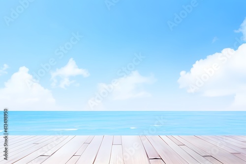 Blue sky with wood floor. abstract on vacation summer ocean beach. Generative AI