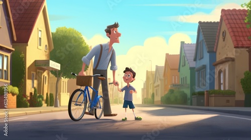 Pedaling Together, Heartening Father's Day depiction created in 3D realism, minimalist style, featuring a father teaching his child to ride a bicycle