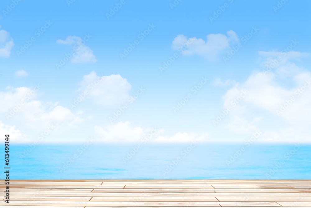 clouds sky background with wood floor. Abstract on vacation summer ocean beach. Generative AI
