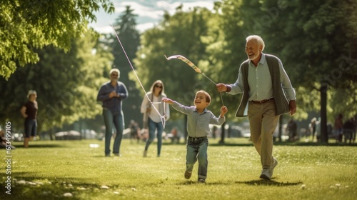 Generational Bonds, heartwarming moment featuring multiple generations of fathers and their children, ush green grassy field where fathers and children are playing together photo