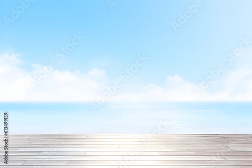 clouds sky background with wood floor. Abstract on vacation summer ocean beach. Generative AI