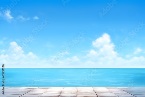 Nature wallpaper blue of sea. timber pattern texture stage. Wooden stage for watching nature. clouds sky background. Generative AI