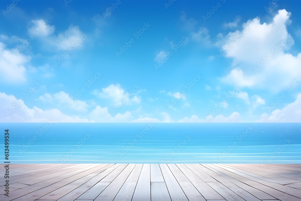 The sea background with wood floor foreground. sky summer clouds. Generative AI