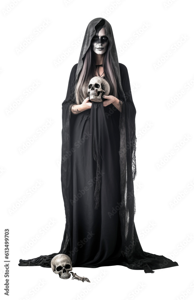 Full body shot of mystery halloween witch holding a skull standing on white background, Generative AI Full body shot of mystery halloween witch holding a skull standing on white background, Generative AI