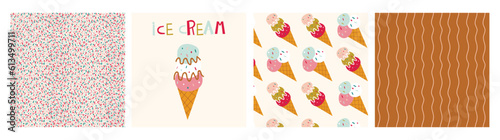 collection of prints and patterns with ice cream and abstract pattern