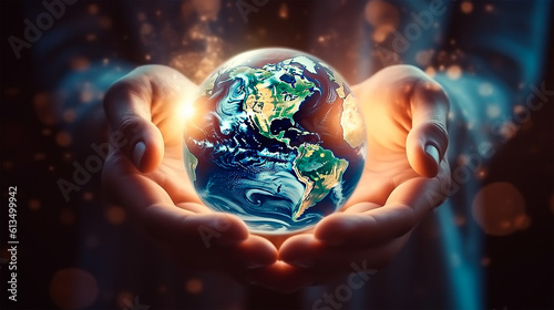 Hands holding earth global over blurred abstract background