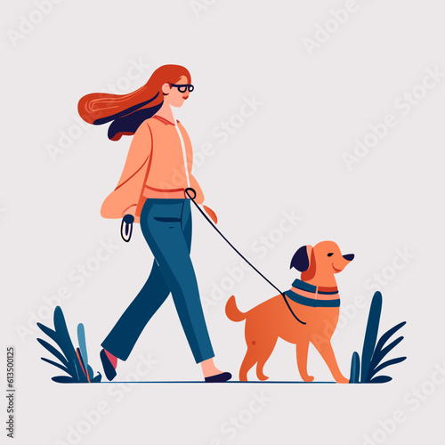 Woman  dog owner walking with puppy  leading it on leash. Girl going with doggy  strolling outdoors in nature. Female character and cute pup. Flat vector illustration isolated on white background