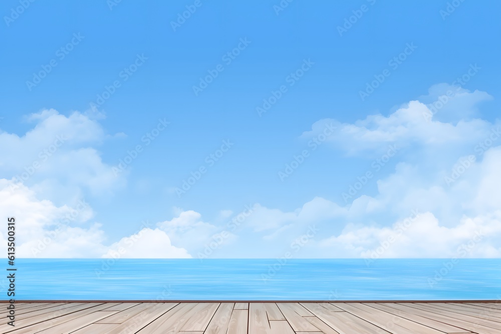 Wood floor with blur blue sky. Summer sea background. Generative AI