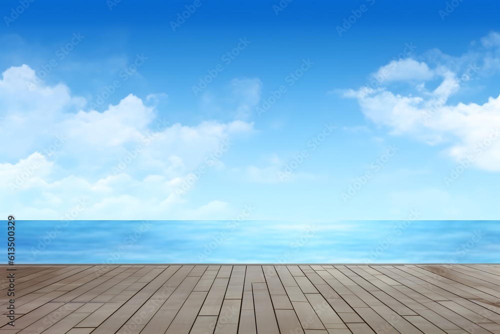 Fototapeta premium Wood floor with blur blue sky. Summer sea background. Generative AI