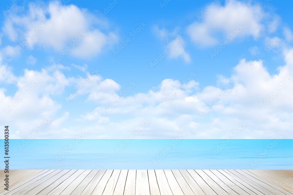 Fototapeta premium Wood floor with blur blue sky. Summer sea background. Generative AI