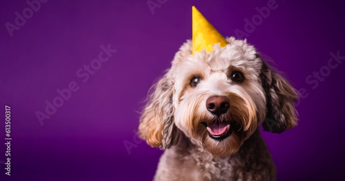 Cute dog in a festive hat, portrait, birthday. A template for a postcard, a layout with a place to copy, a finished image for printing. Holiday concept