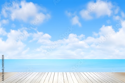 Wood floor with blur blue sky. Summer sea background. Generative AI