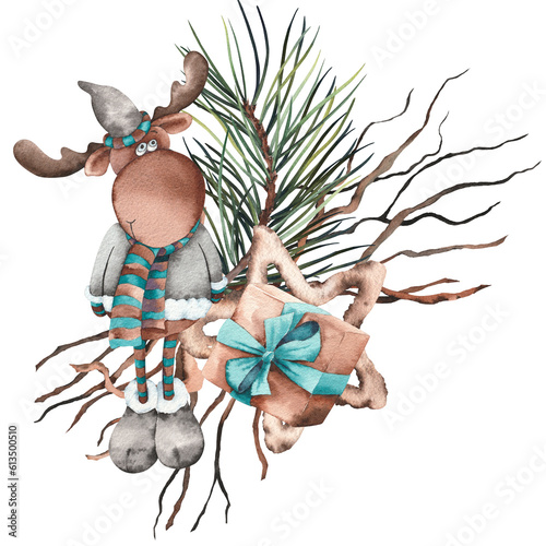 Photography Watercolor Christmas cartoon moose and twigs