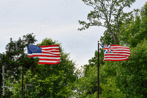The Betsy Ross Flag and the Grand Union/Great Union Flag/Cambridge Flag, American colonial banner first displayed by George Washington on Jan. 1, 1776
