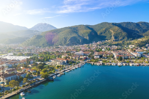 Aerial view of yacht marina and the city of Fethiye, Aegean Sea, Turkey