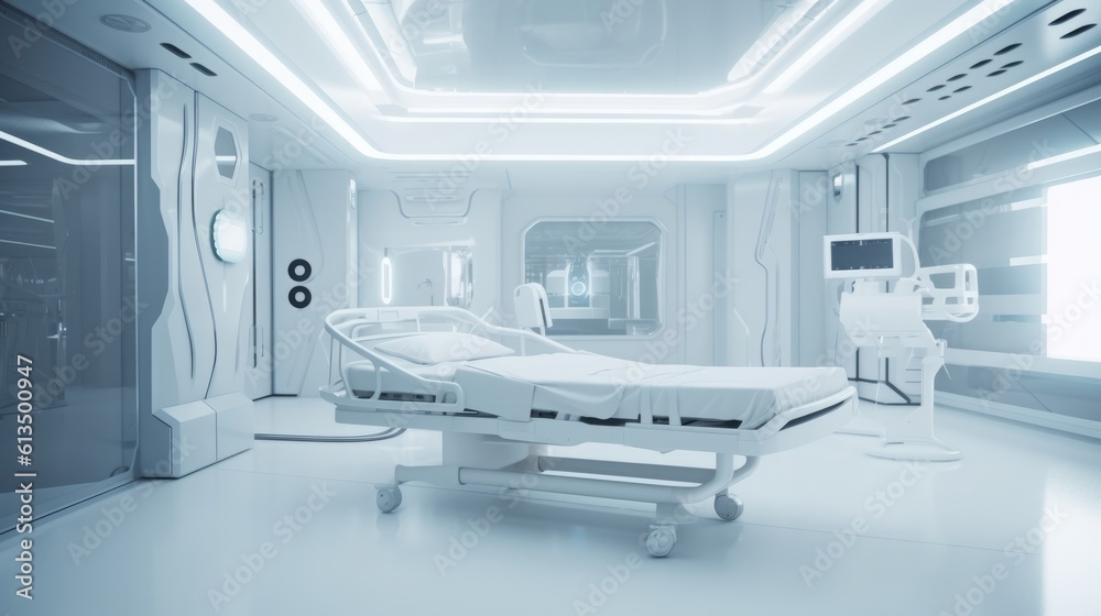 Futuristic white hospital with robots, glass and light. Generated AI Generative AI