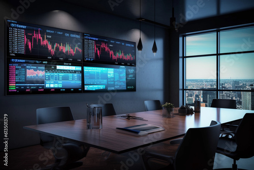 Modern large meeting space and office displaying live stock market graphs and charts. Generative AI
