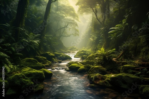 amazon rainforest with tropical vegetation  a creek runs through a mysterious jungle  a mountain stream in a lush green valley  fictional landscape created with generative ai