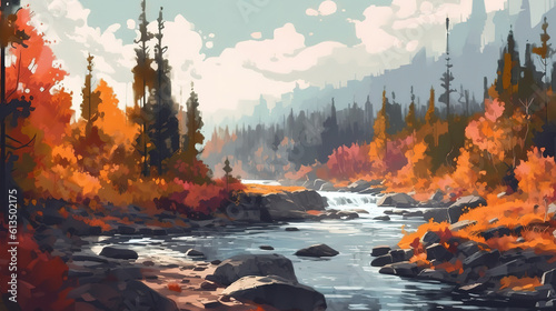 Autumn view of the Patoniva river in Oulanka National Park, Finland. Generative Ai