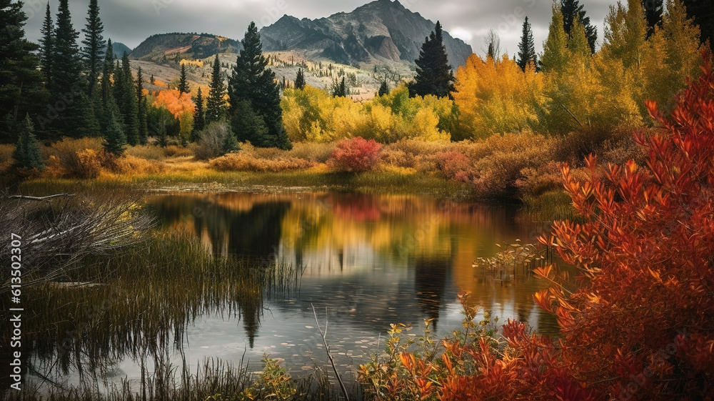 Lost Lake Golden Autumn colors on the Kebler Pass in the Colorado Rocky Mountains. Generative Ai