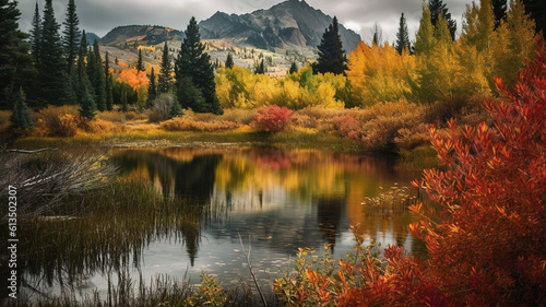 Lost Lake Golden Autumn colors on the Kebler Pass in the Colorado Rocky Mountains. Generative Ai