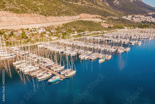 Yachts anchored at yacht club marina in Turkey, Aerial view