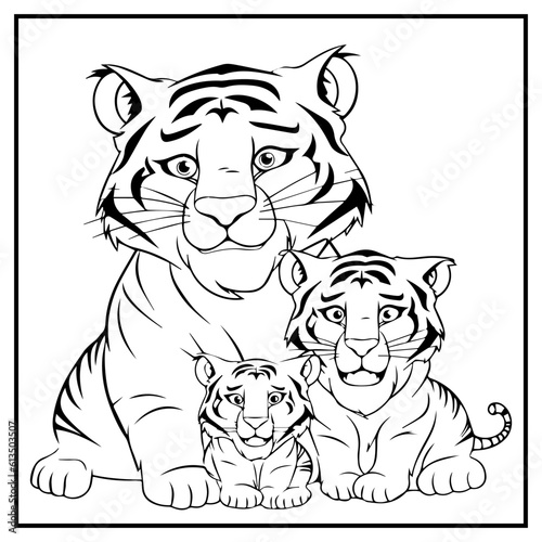 Tiger Family Coloring Book Page Cartoon Ilustration