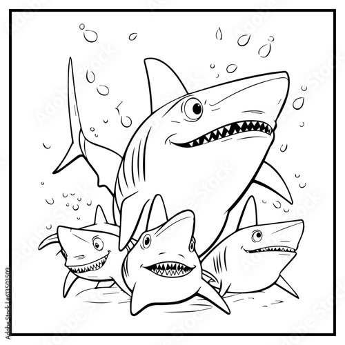 Shark Family Coloring Book Page Cartoon Ilustration