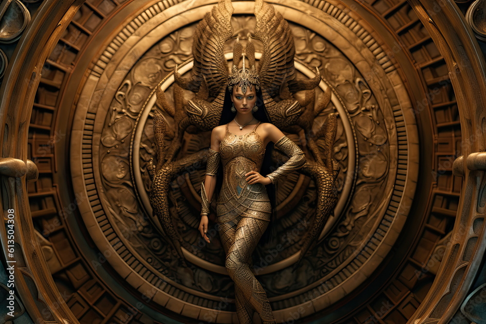 Opulent egyptian goddess infront of a circular Celtic maze