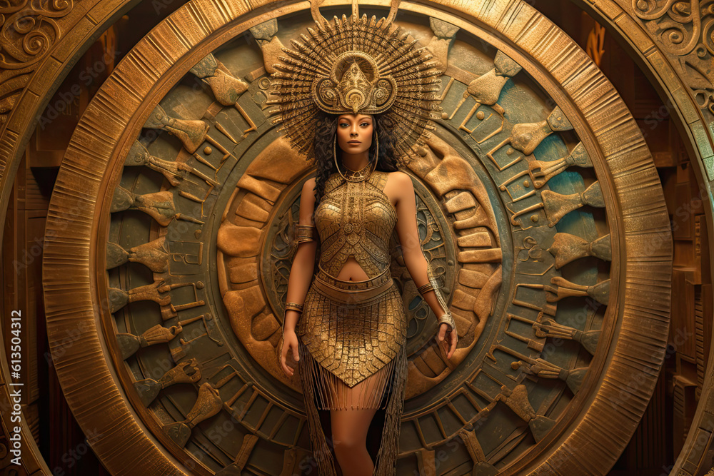 Opulent egyptian goddess infront of a circular Celtic maze,