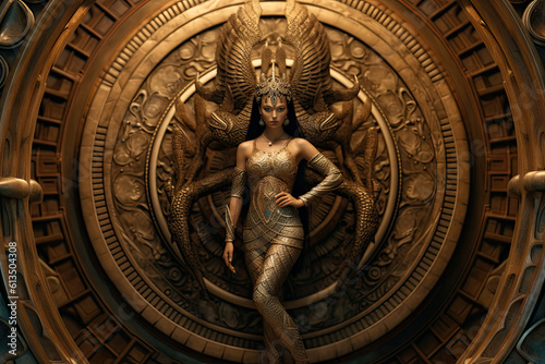 Opulent egyptian goddess infront of a circular Celtic maze photo