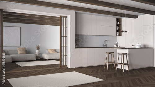 Minimal japandi kitchen and living room in dark wooden and white tones. Cabinets and island  sofa and carpet  paper sliding door and parquet. Modern interior design