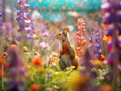 Foraging Squirrel in a Field of Flowers - AI Generated