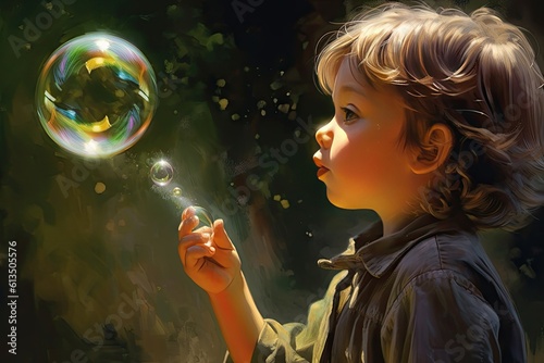 Child Blowing Bubbles: Joy and Innocence - AI Generated