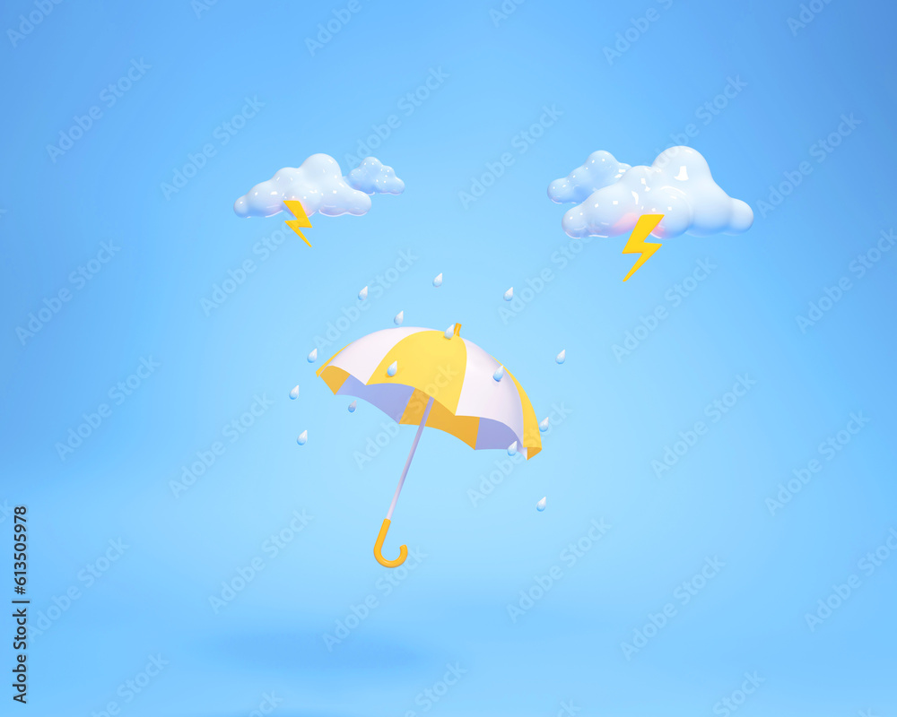 A cute umbrella for the monsoon season with a pastel pattern. On a blue background, 3D illustration.