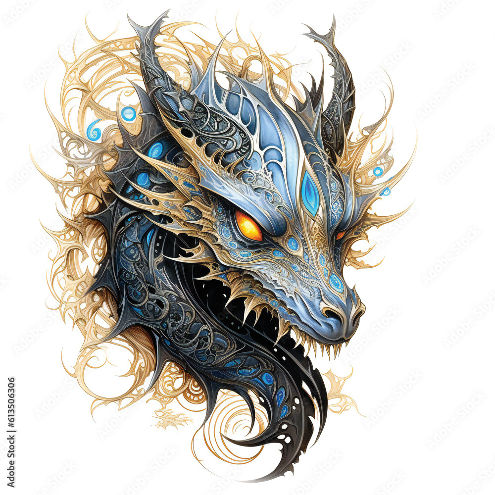 Noble Dragon In Filigree. White background. Created with Generative AI technology. Noble Dragon In Filigree. White background. Created with Generative AI technology.