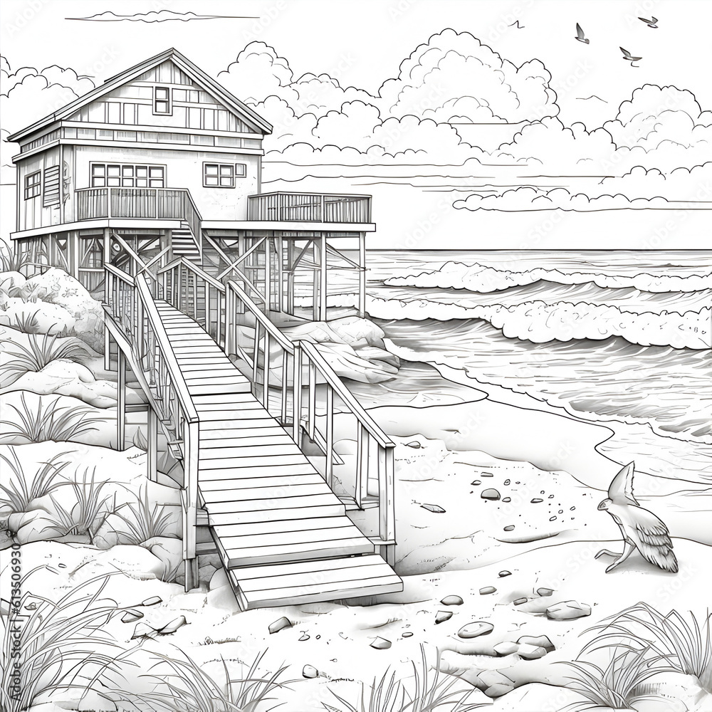 Coloring book black and white summer beach scene