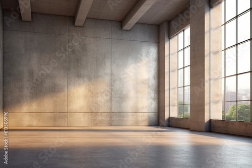 Dynamic meeting environment  3D rendering of concrete room with wall mock-up  window  and urban backdrop. Generative AI