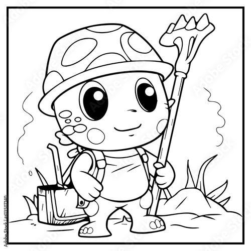 Farmer Turtle Fish Coloring Book Page Cartoon Ilustration