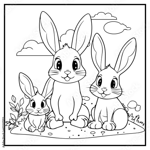 Bunny Family Coloring Book Page Cartoon Ilustration