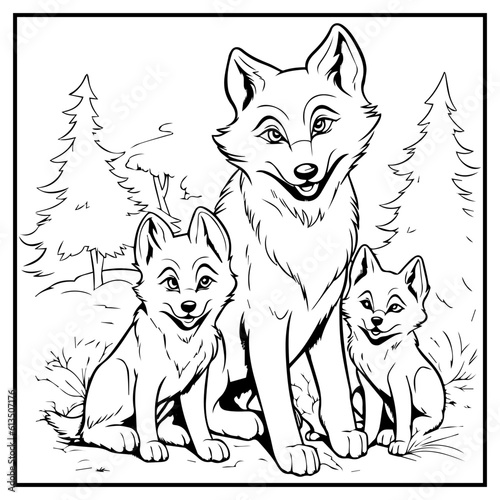 Wolf Family Coloring Book Page Cartoon Ilustration