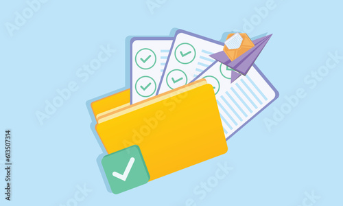 Folder with document files. Digital management. Online paperwork and business organisation. Database storage. Project data. Cartoon creative design icon.