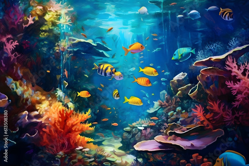 Underwater Wonders: Colorful tropical fish swimming in a coral reef. Generative ai.