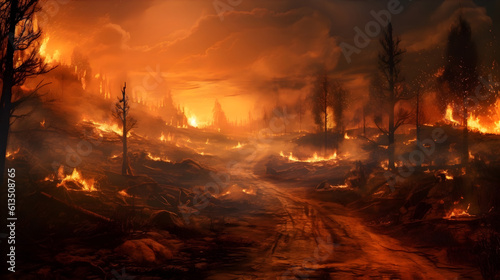 Wildfire Apocalypse - A post-apocalyptic landscape after a wildfire has ravaged the area. Generative AI. © ckybe