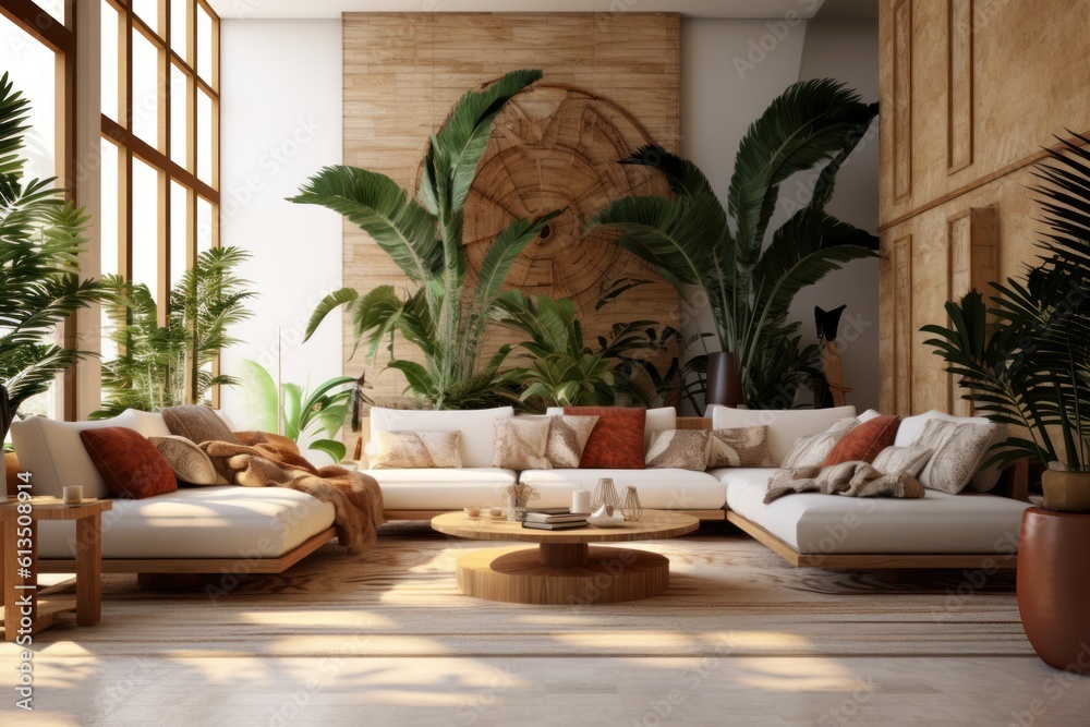 tropical modern bali interior organic aesthetics with big white sofa