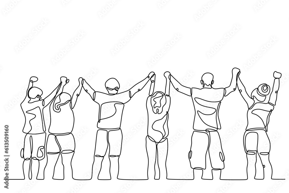 Continuous One line drawing of group of men and women standing together showing their friendship isolated on white background. Continuous One line drawing of group of men and women standing together showing their friendship isolated on white background.