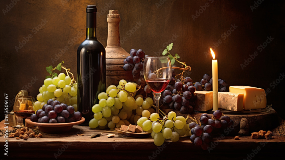 Obraz premium A still life composition showcasing the elegance of wine, including a bottle, glasses, grapes, and cheese platter on a rustic wooden table. Generative ai.