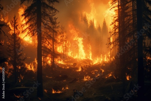 uncontrolled flames in the forest devastation